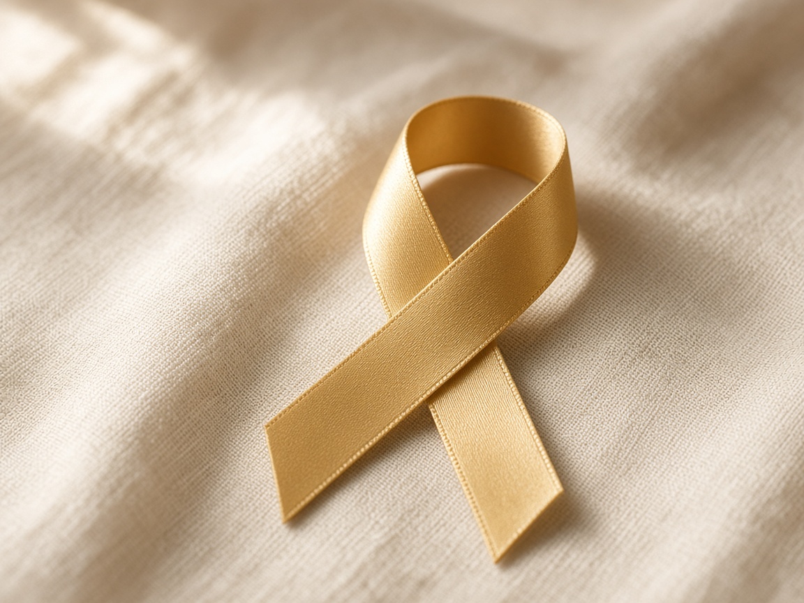 A gold childhood cancer awareness ribbon on linen